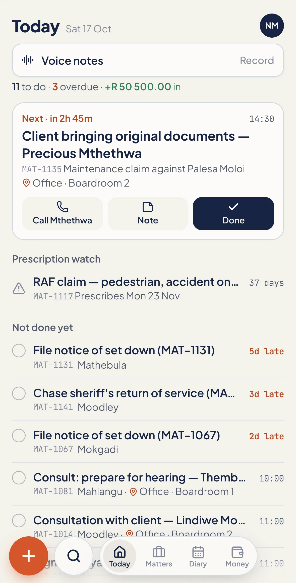 Caseo on a phone: today's next diary item with call, note and done buttons, and recently worked-on matters.